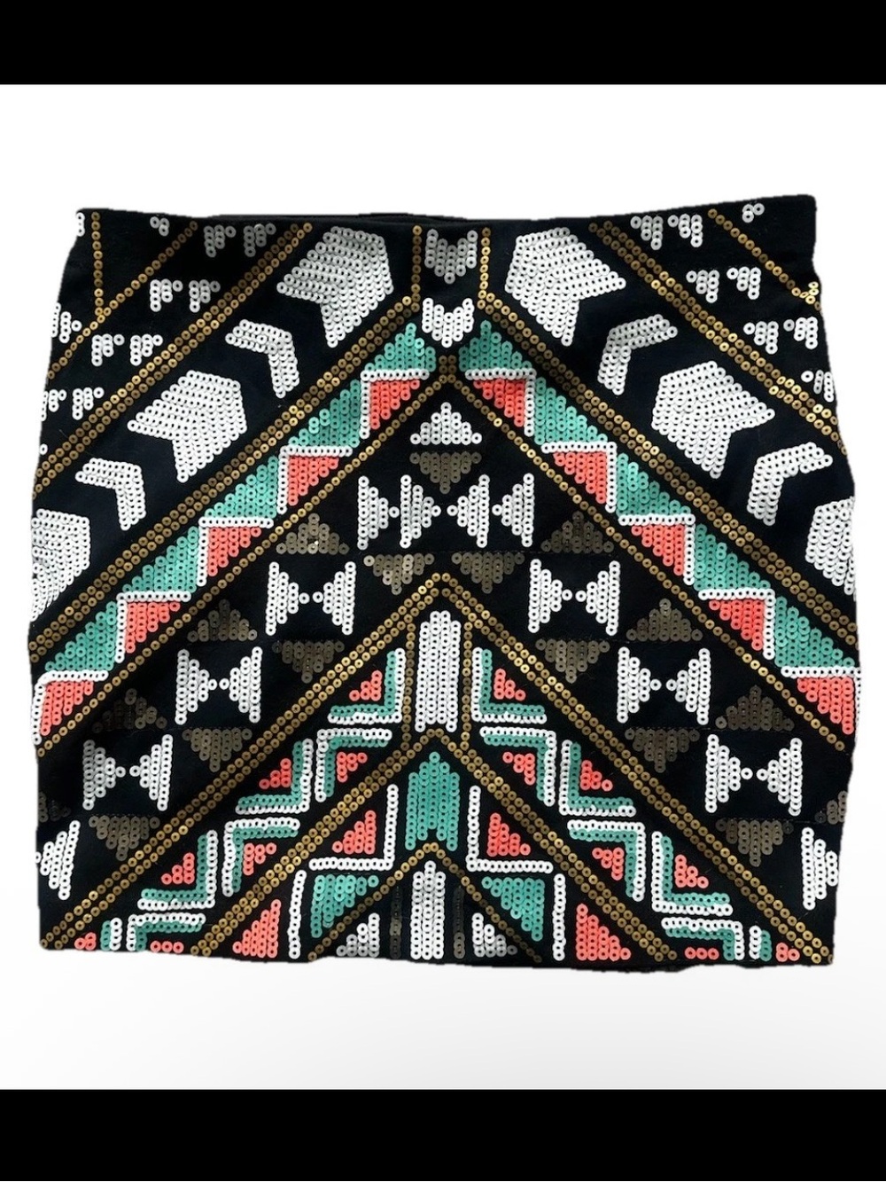 Express Beaded Aztec-Print Mini Skirt - Black with Coral & Teal